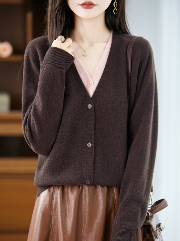 撞色领针织开衫女V领长袖2025年春秋新款假两件上衣宽松毛衣外套|undefined