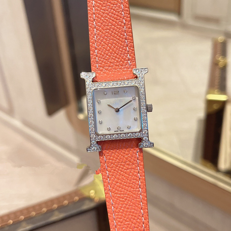 新款欧美H形镶钻女士手表 石英机芯精钢轻奢牛皮表带腕表情侣表
