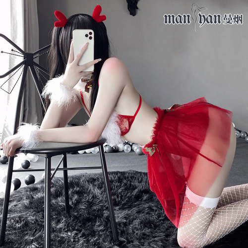 Manyan New Year's sexy lingerie, sexy soft gauze, see-through Christmas outfit, three-point skirt, tutu skirt, uniform suit 9401