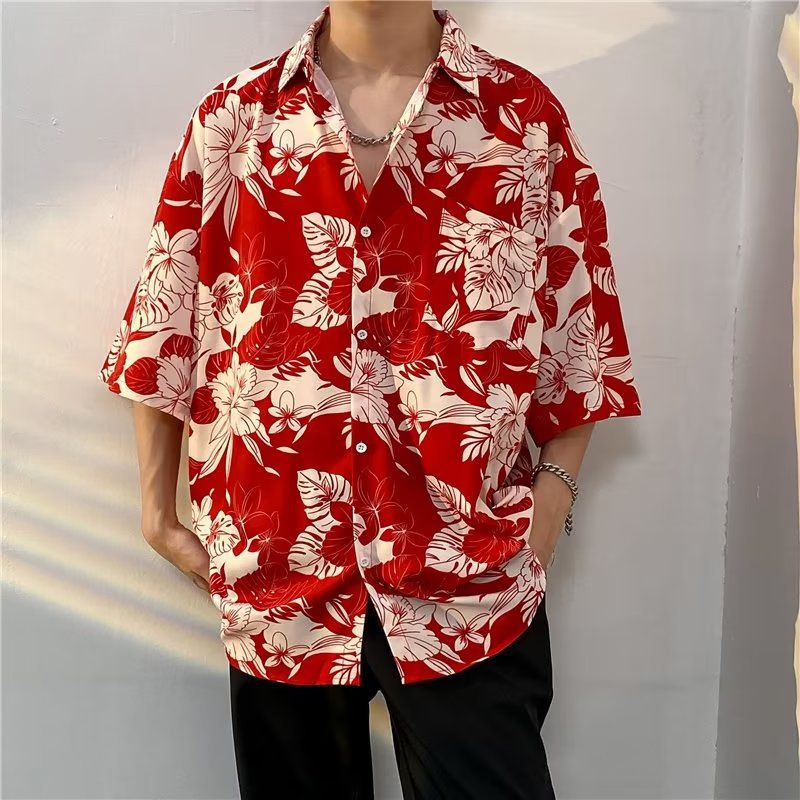 Retro American-Style Japanese Cuban Collar Floral Shirt for Men, Short-Sleeved Summer Hong Kong Style Cool Loose Shirt for Men