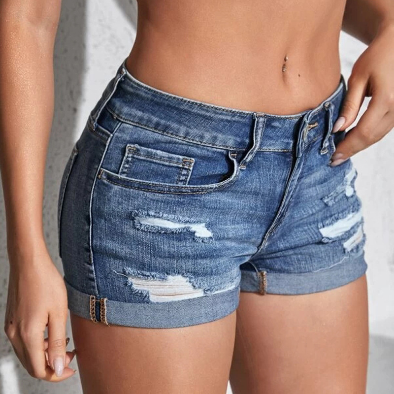 washed ripped holes bleached high-rise slim denim shorts NSYB65087