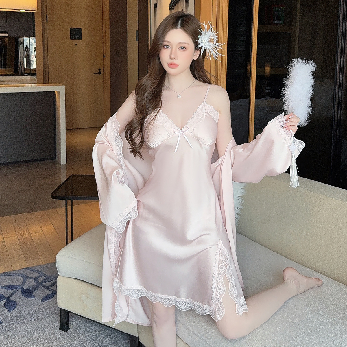 Live Pajamas Women's Spring and Autumn New Ice Silk Sling Nightgown Two-piece Set Pure Desire Style Luxury Ice Silk Home Clothes