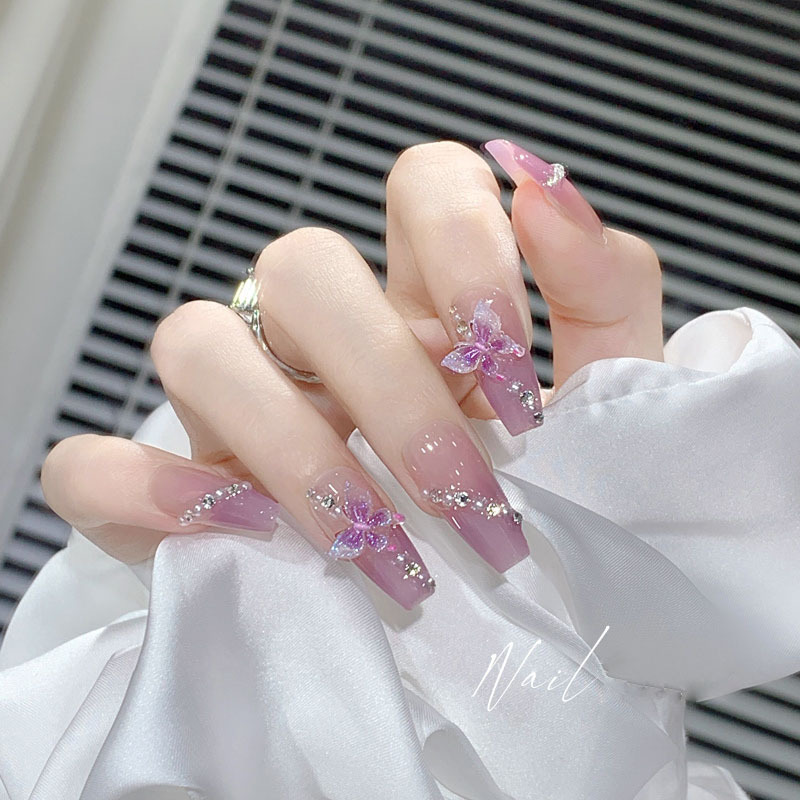 Purple Butterfly Rhinestone-Studded Wearable Nail Art Finished Nail Patches Long Ballet Nail Tips Ins-Style Light Luxury Style