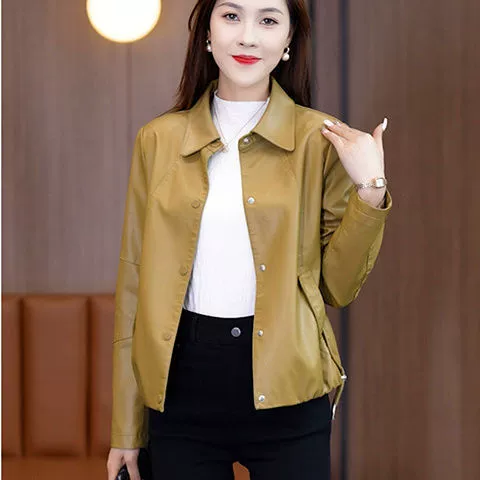 Кожаная куртка Haining женская осень/весна, молочно-кофейный и черный, Slim fit, размеры L-4XL, 407