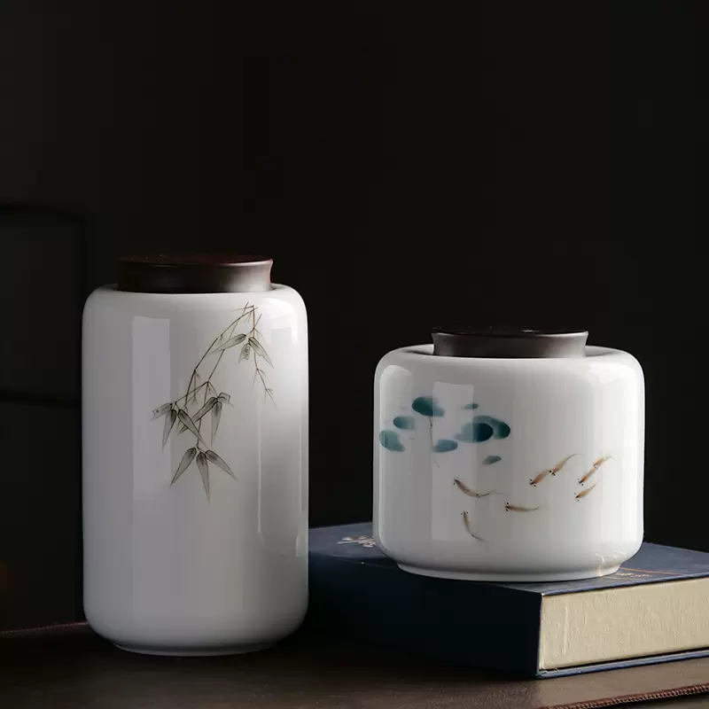 陶瓷手绘黑檀木盖茶叶罐大号中式家用密封罐存储红茶普洱防潮茶缸