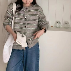 秋冬宽松软糯显瘦百搭针织衫开衫早秋新款日系慵懒条纹毛衣外套女
