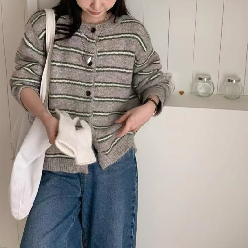 秋冬宽松软糯显瘦百搭针织衫开衫早秋新款日系慵懒条纹毛衣外套女|undefined