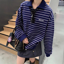 南油高定mm韩系设计感蓝色条纹针织卫衣女春秋宽松Polo领早秋上衣