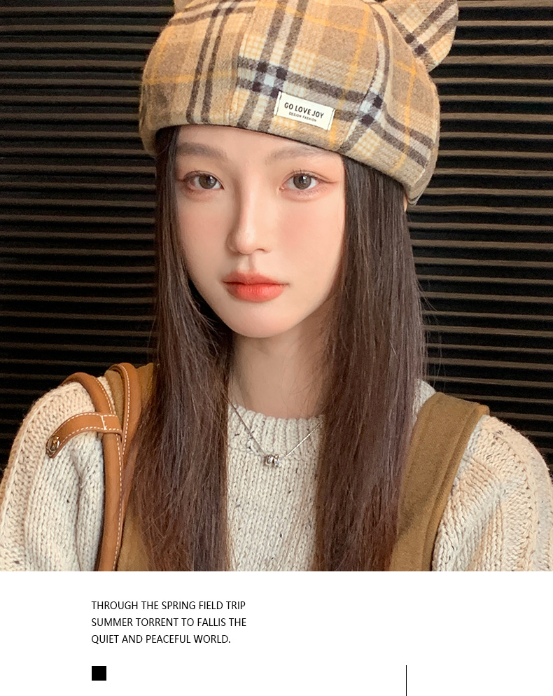 Britisches kariertes Barett, Herbst/Winter, Damen, Katzenohren, niedlich, achteckig, modisch, vielseitig, Malerhut_voghion.com