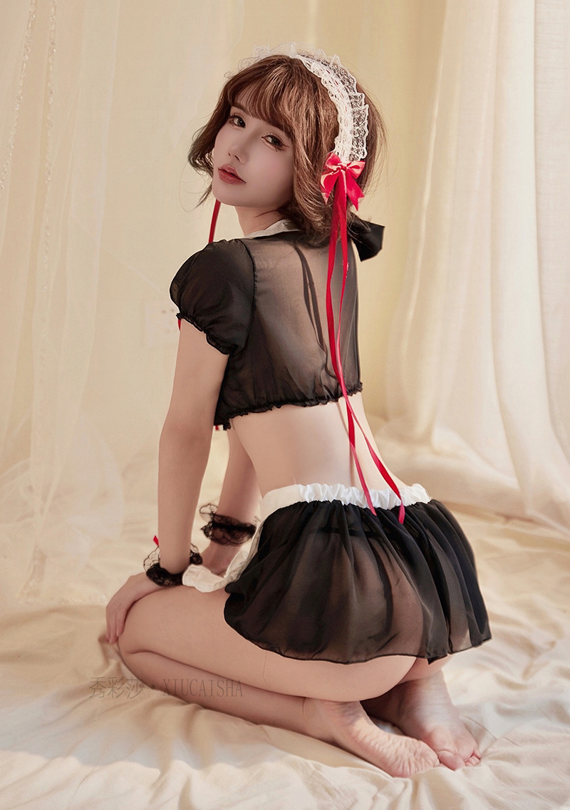 Maid Roleplay Lingerie Set with Headpiece, Top, Skirt, Thong and Wristbands — detail image 7