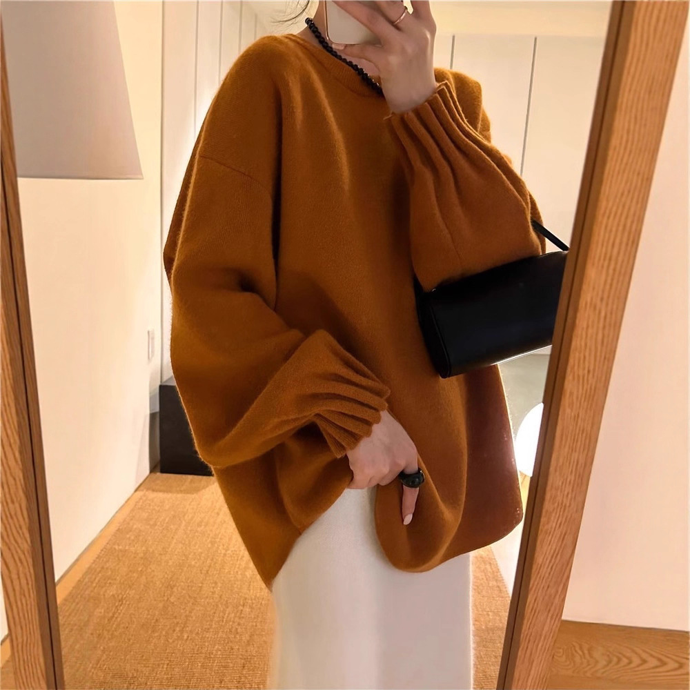 French Loose Lazy Pleated Sleeve Round Neck Large Sweater Women's Red Korean Style Autumn and Winter Design Pullover Knitwear