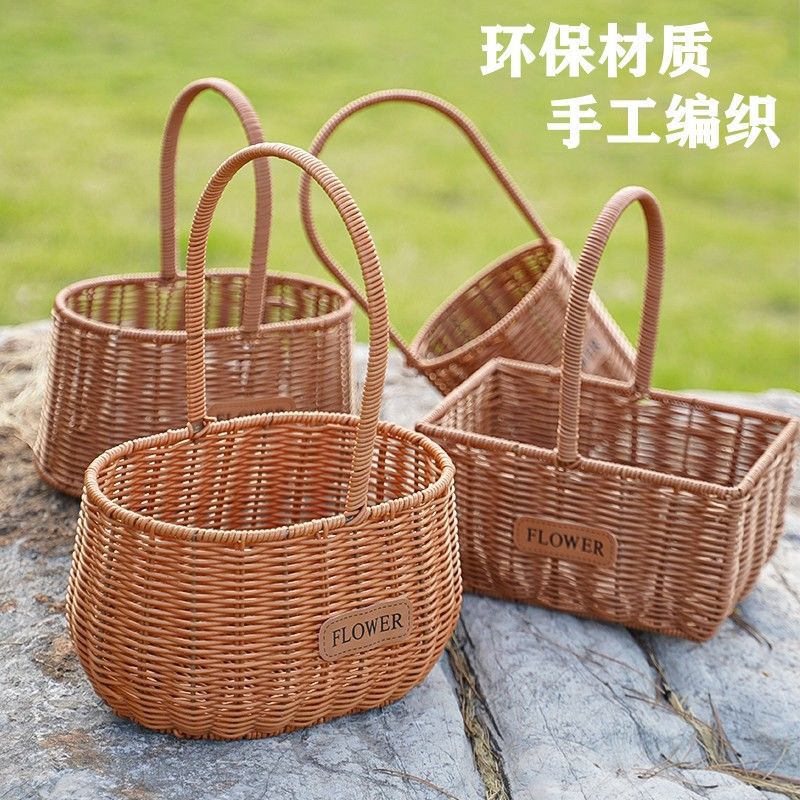 仿藤田园手工编织手提花篮花盆批发摆件饰品干花插花园艺花盆防水