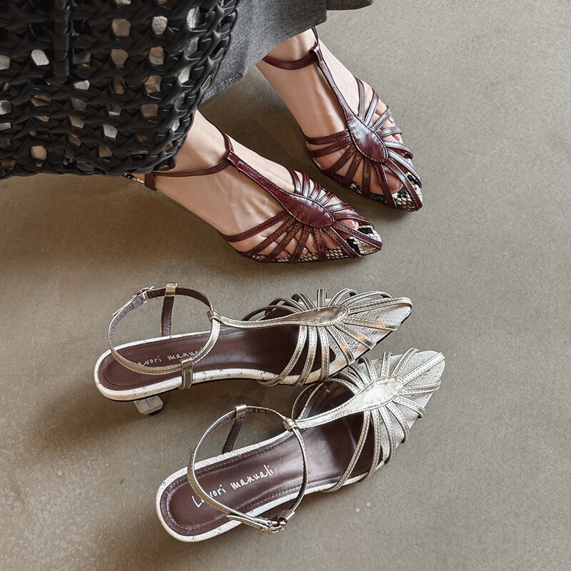 5cm ~! French-Style Retro Woven Toe-Cap Sandals for Women, Summer Outdoor Wear, Mid-Heel, Single Strap, Color-Blocking Women's Shoes.