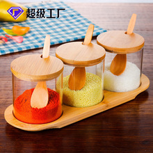 圆形高硼硅玻璃调料罐套装欧式调味品罐组合调料调味盒带木盖批发