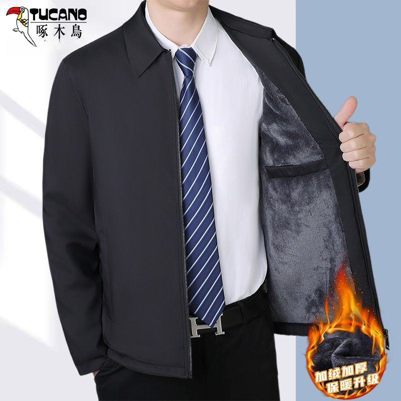 Woodpecker Middle-Aged Jacket Men's 2025 Autumn and Winter New Velvet Casual Jacket Dad Wear Loose Large Size Suit