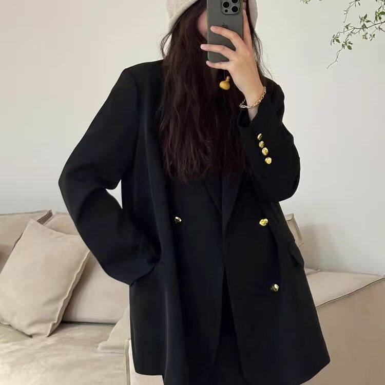 Áo vest nữ màu đen dáng rộng cổ vest một hàng cúc tay dài — màu đen chi tiết 8