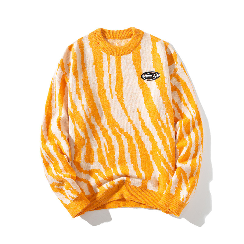 Sweat-shirt à imprimé zèbre de rue américain, marque tendance pour hommes et femmes, pull-over décontracté ample et paresseux à col rond en tricot rayé_voghion.com