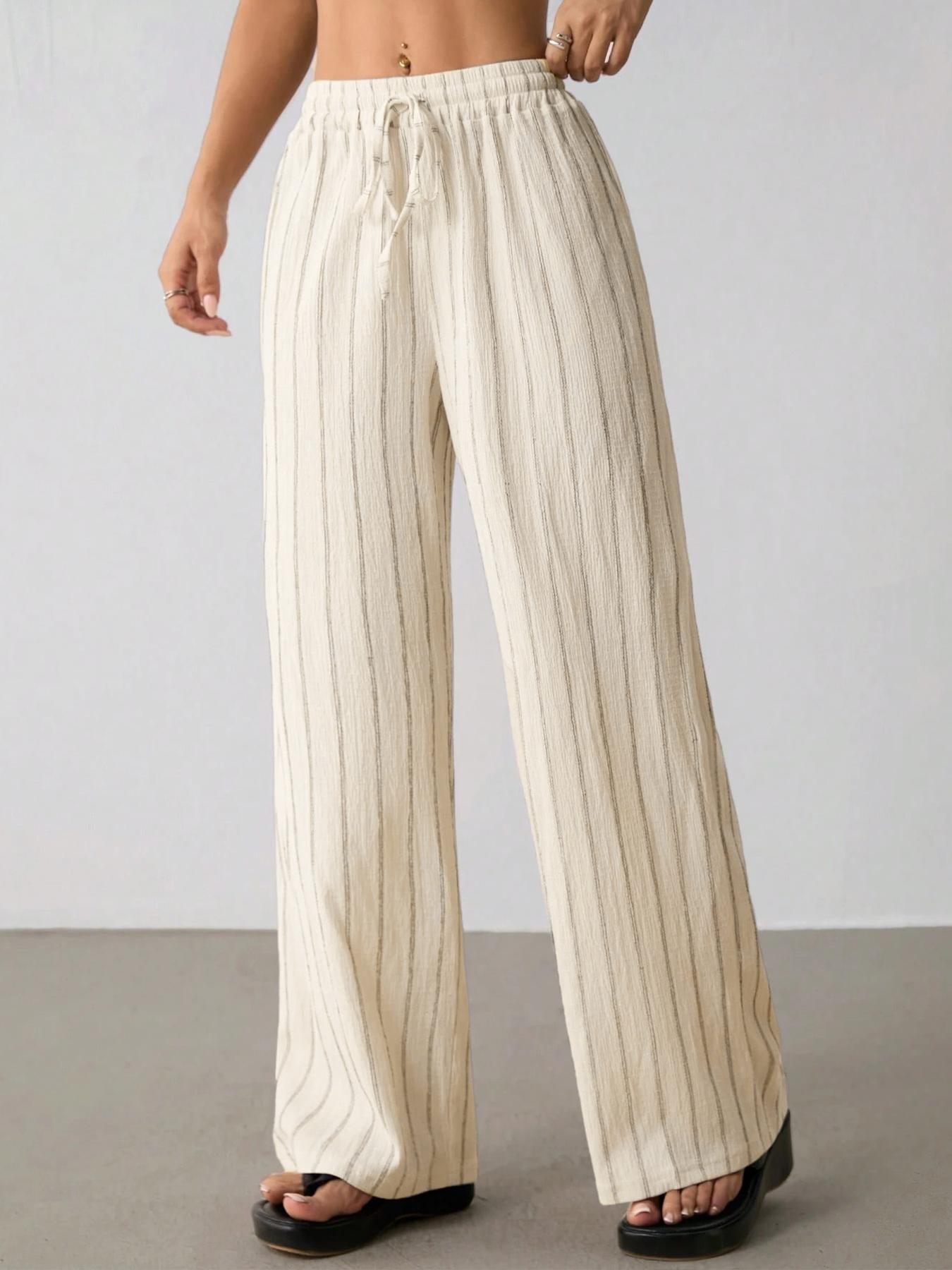 Damen Freizeithose Locker Gestreift Mit Elastischem Kordelzug_voghion.com