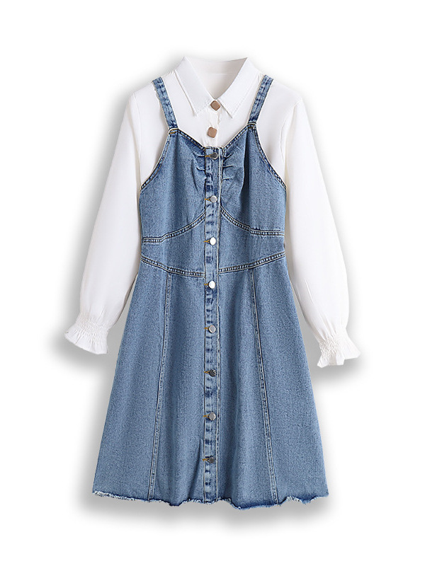 130-320 plus size women's shirt strap denim skirt two-piece suit 2024 spring and autumn new chubby girl foreign temperament