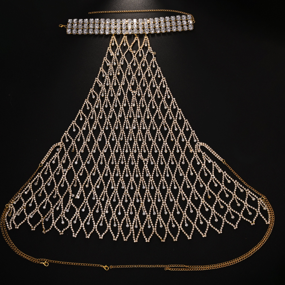 Europa y los Estados Unidos sexy goteo de flange cadena de pecho exagerada diamante hueco bikini accesorios cadena del cuerpo cadena