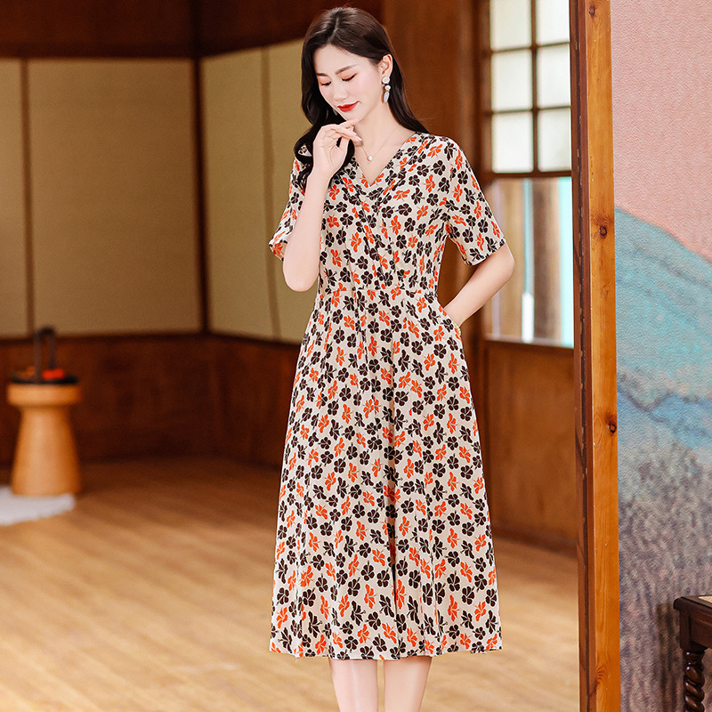 高端棉绸连衣裙新款夏季女妈妈时尚印花人造棉宽松大码外穿长裙子|undefined