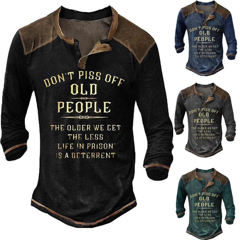 2023 cross-border Europe and the United States new men's Henry shirt T-shirt graphic letter clothing retro casual long sleeve polo shirt