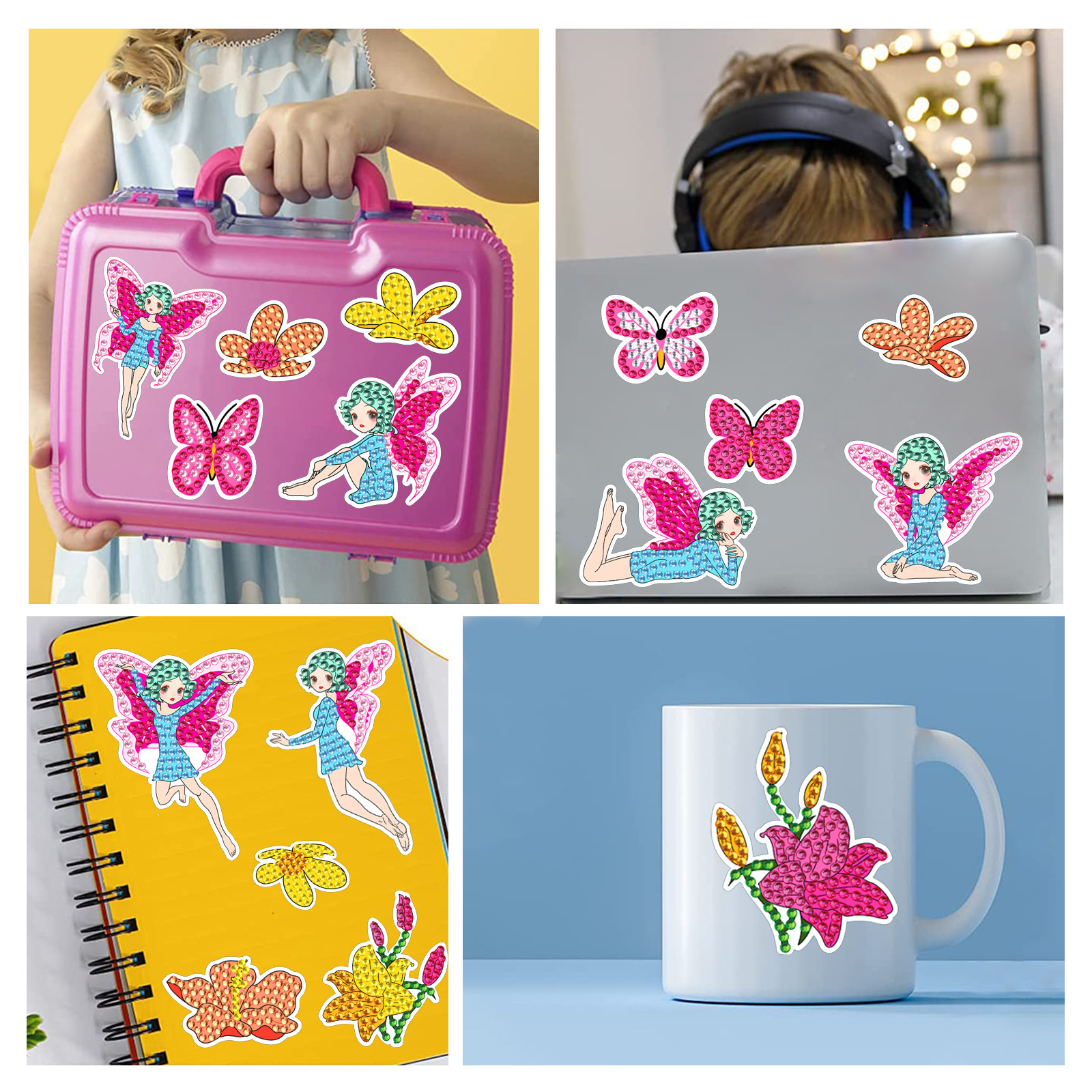 Venta caliente mariposa Hada diamante pintura pegatinas gratis DIY ladrillo pintura pegatinas hechas a mano dibujos animados cristal brillante diamante