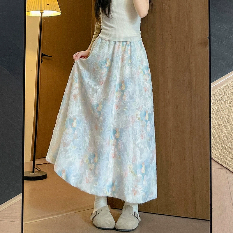 Пышная юбка с цветочным принтом для женщин, летняя утягивающая юбка с высокой талией, трапециевидной формы, французский дизайн, праздничный стиль, красочная юбка средней длины