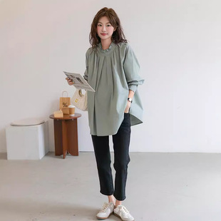 Spring and Autumn Korean Style Maternity Fashion Llace Collar Pregnant Women's Doll Shirt Loose plus size Midi Loose Long Sleeve Top