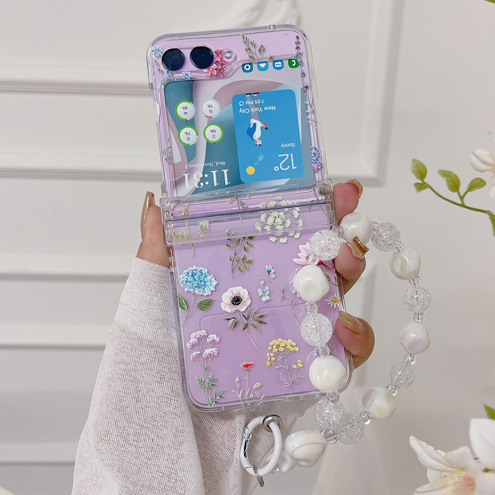 适用三星zflip7折叠手机壳 碎花捧花女孩zflip6三件套手链保护套