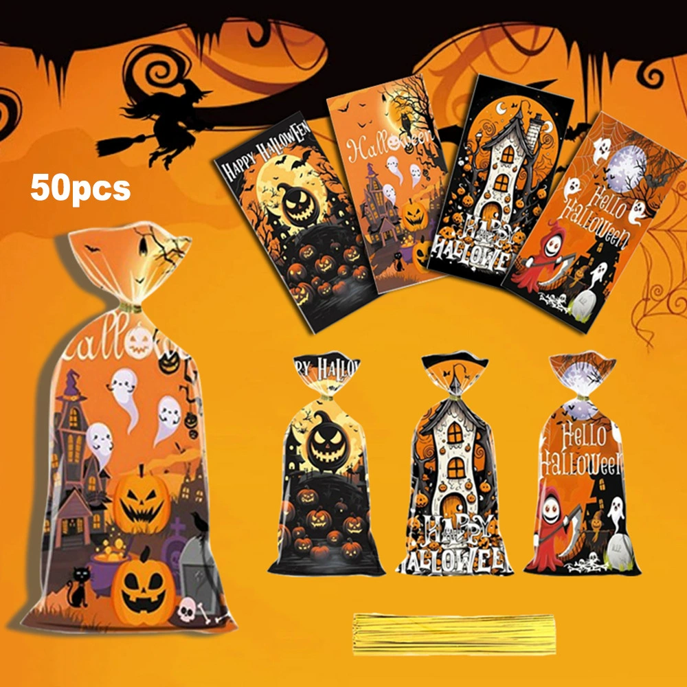 Новые 50 Halloween OPP подарочные пакеты для вечеринок с призраком конфеты шоколадное печенье плоские карманы, чтобы отправить золотые ленты