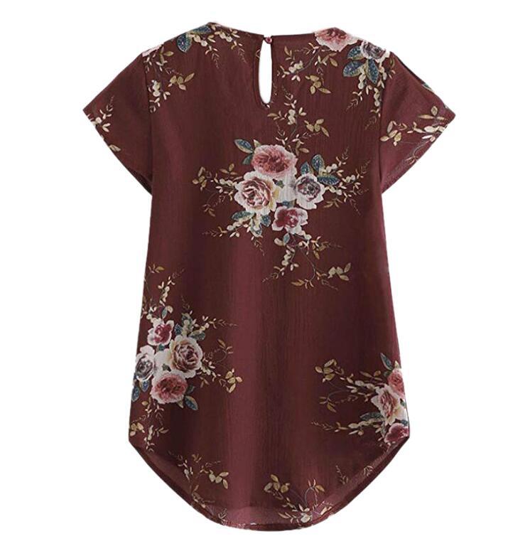 Cross-border 2025 camisa de cuello redondo casual de mujer flor de pliegue delgada venta rápida TONGWISH impresión camisa de manga corta image 8