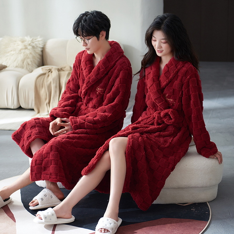 Pareja camisón de invierno de las mujeres de coral de lana engrosada forrado de lana más tamaño suelto rojo boda casual hombres Albornoz