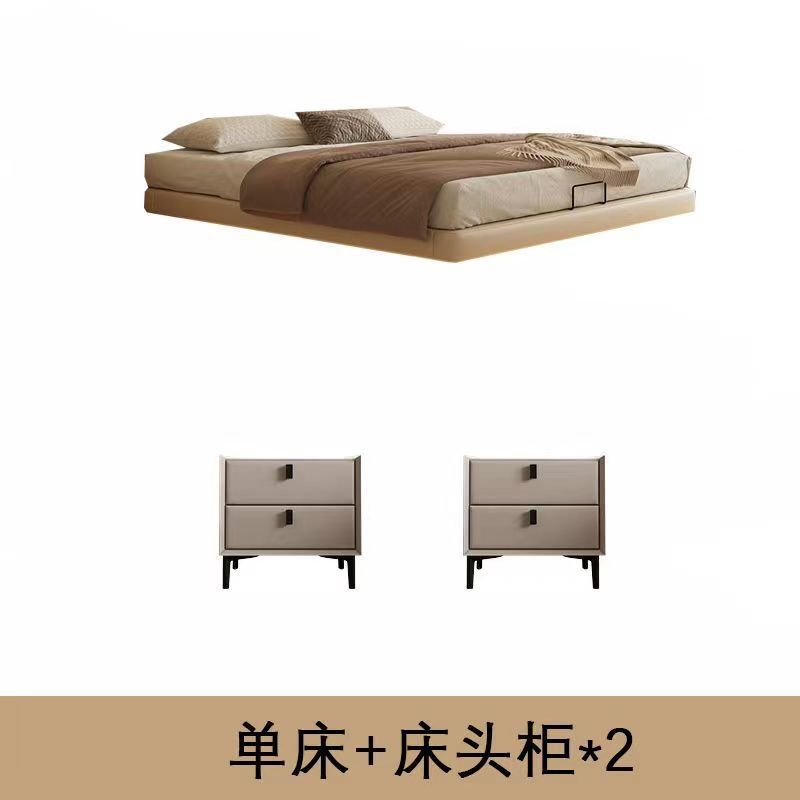 Sin cama, almacenamiento suspendido, cama con lámpara, cama principal de cuero simple moderno, cama grande sin respaldo, cama minimalista italiana