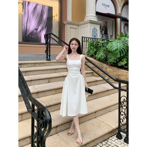 French white acetate satin strap dress, summer temperament, slimming, waist-cinching, new Chinese style dress