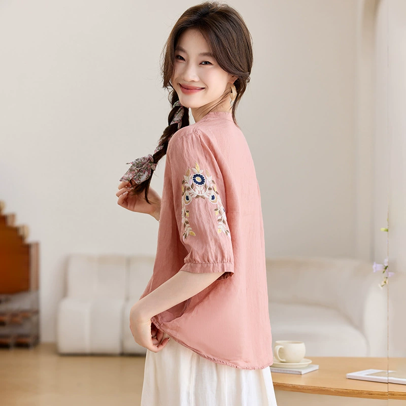 Новые женские рубашки в китайском этническом стиле с вышивкой средней длины в стиле ретро, ​​тонкие свободные рубашки для женщин, уменьшающие возраст