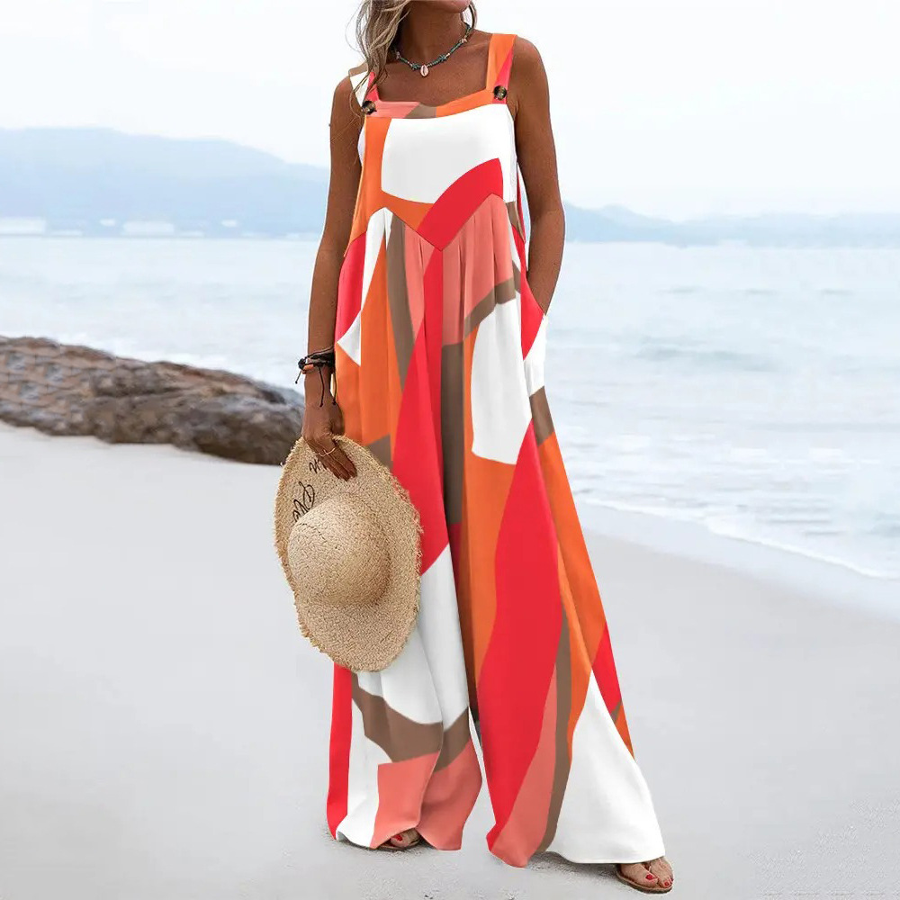 2022 verano nuevo deseo Amazon Europa y América impreso sin mangas suelta casual Sling jumpsuit Pantalones anchos para las mujeres
