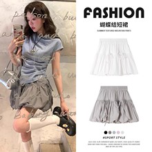 蝴蝶结灰色花苞短裙女夏季薄2高腰显瘦防走光a字半身裙