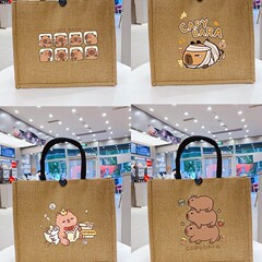 漫画の動物カピバラ熱転写大容量リネンポータブルショッピングトートバッグ学生の授業に適しています