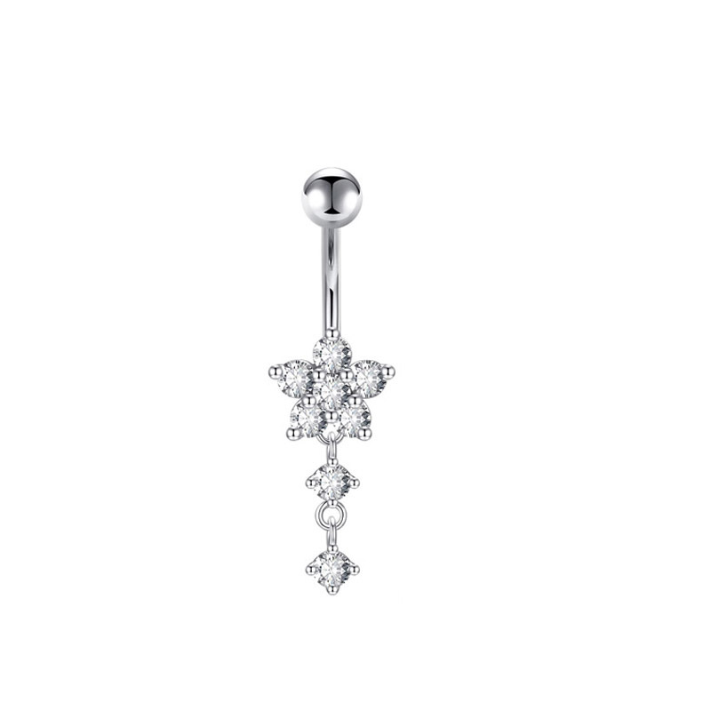 Hot Sale Flower Pendant Sexy Stainless Steel AAAA Zircon European And American Belly Button Ring Piercing Jewelry_voghion.com