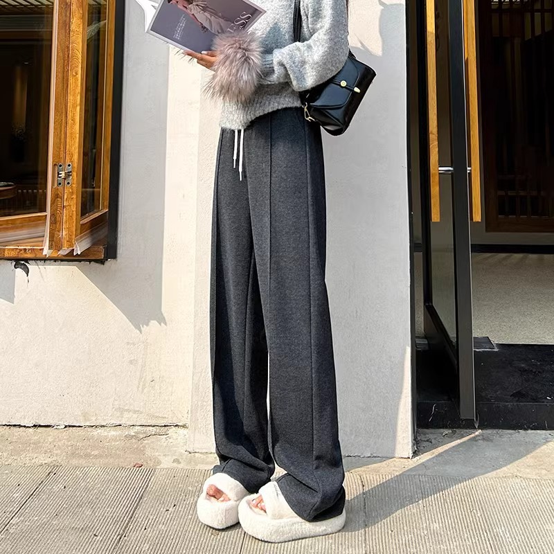 Pantalones de arroz pegajoso gris oscuro para mujeres de invierno y otoño 2024 pantalones de invierno de piernas anchas pantalones casuales relajados