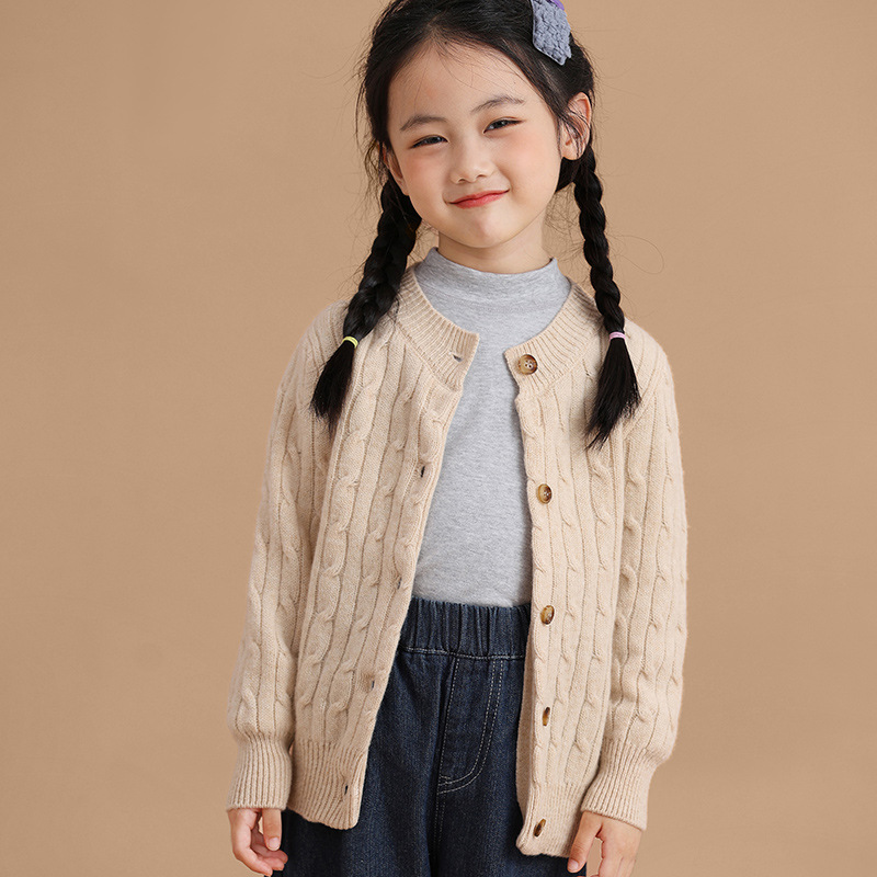 男女子供100% 純ウールクラシックレトロ麻花ニットカーディガン厚手丸襟純色洋気セーター潮
