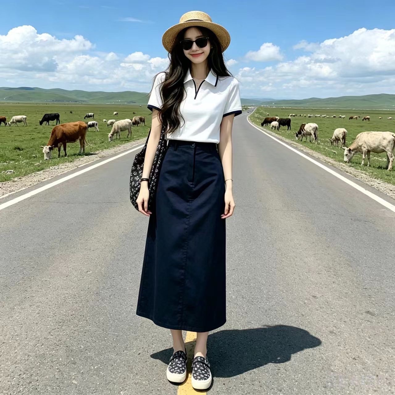 6054夏季新款韩系学院风套装撞色Polo领T恤藏青高腰半身裙两件套