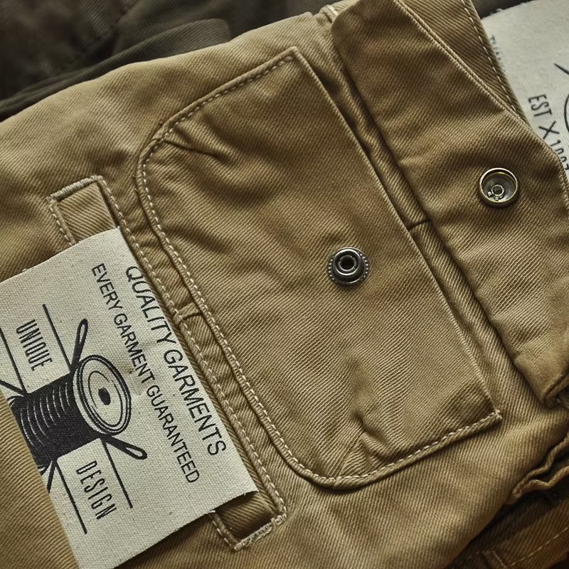 Ami Khaki Retro Cargo Pants Heavy Cotton Thick Washed Multi-Pocket Loose Straight Casual Long Pants for Men