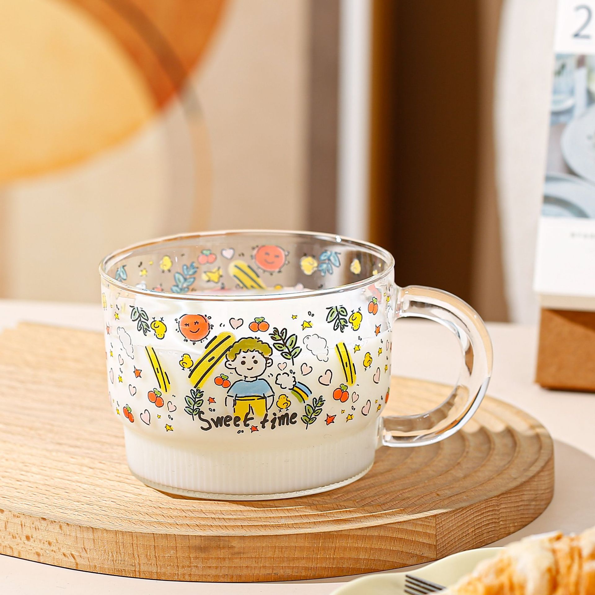 Personalidad creativa de dibujos animados graffiti tazas de cristal de gran capacidad tazas de cereal regalos para niñas tazas de agua de alto valor facial tazas
