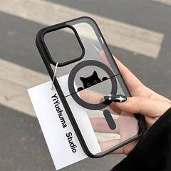 适用苹果17promax手机壳iPhone16肤感14亚克力磁吸13透探头小黑猫