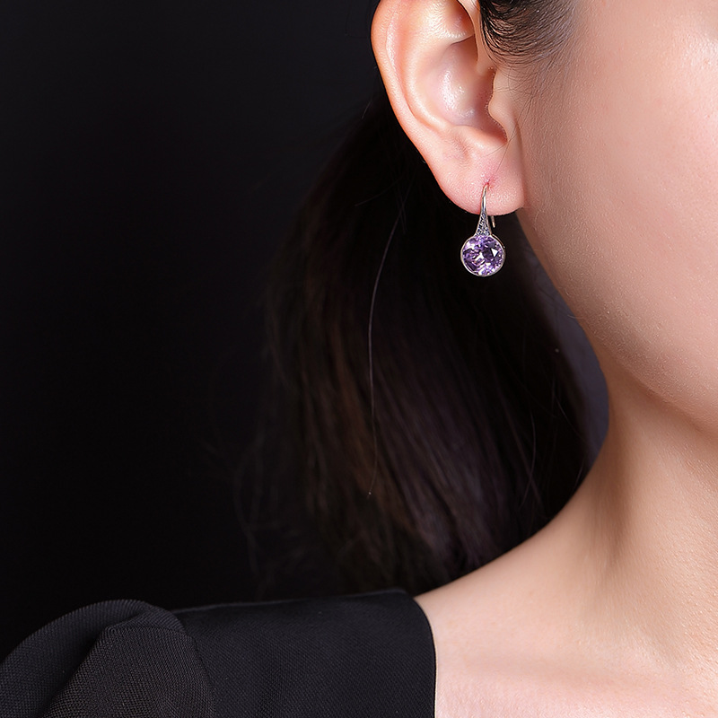 Bông tai bạc S925 đính đá thạch anh tím citrine họa tiết đường cỏ hình học phong cách retro — Mô hình Citrine