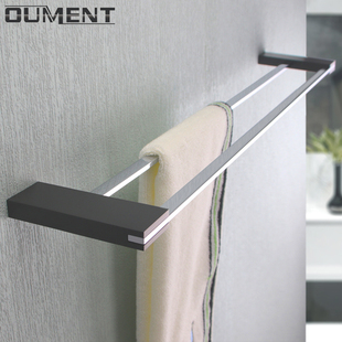 Minimalist Black Towel Rack Double Rod Solid Copper Bathroom Hanging Rod Perforated Towel Rack Square Bathroom Hardware
