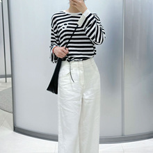 E家2025春夏新款女装蓝白条色圆领长袖休闲宽松百搭针织衫上衣女