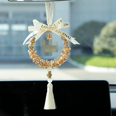 Car pendant for women, exquisite and luxurious, light luxury crystal car rearview mirror pendant, creative interior car decoration hanging ornament (Car hanging) - beige